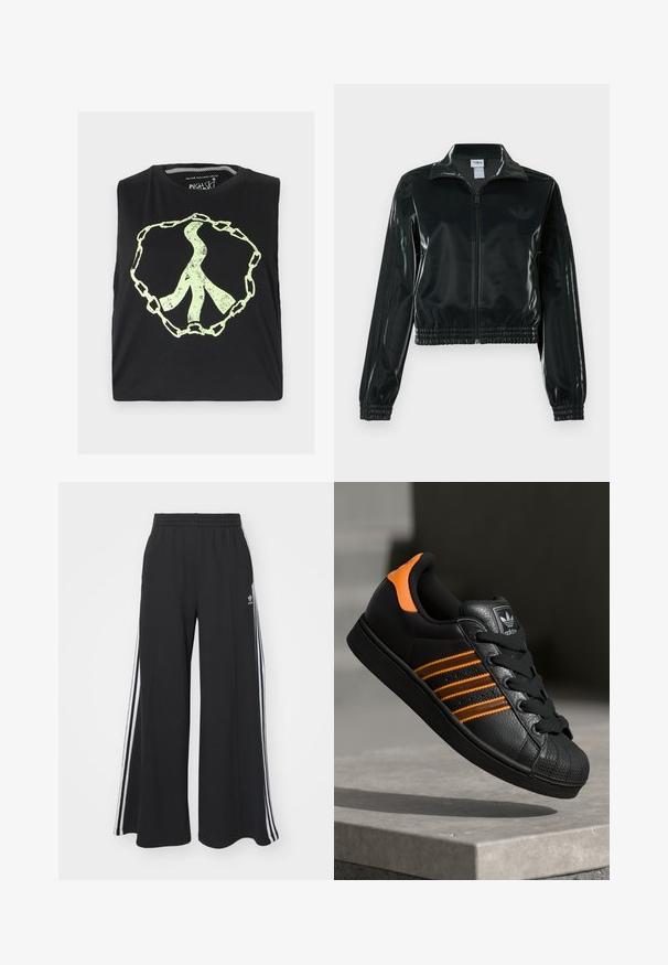 Black glossy cropped jacket with a zip front, high collar, and elasticized hem. Features three stripes on sleeves and a small logo on the chest.; Black sleeveless shirt featuring a large, faded, light-green peace symbol enclosed in a chain design. Made from soft cotton fabric.; Black wide-leg sweatpants with an elastic waistband, featuring white side stripes and an embroidered logo on the left thigh.; Black sneaker with orange accents, three horizontal stripes, textured leather upper, rubber toe cap, and black laces.
