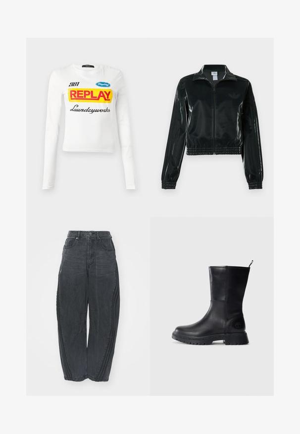 Czarna błyszcząca krótka kurtka na zamek błyskawiczny z przodu, z wysokim kołnierzem i elastycznym wykończeniem na dole. Na rękawach znajdują się trzy paski, a na piersi małe logo.; Biała koszula z długim rękawem z wyraźnym czerwonym napisem "REPLAY" na żółtym tle, mniejszym napisem "381", niebieskim logo "Replay" oraz kursywnym tekstem "Laundryworks".; Luźne czarne dżinsy z wyblakłym wykończeniem, pięć kieszeni, zapięcie na guzik w pasie oraz szwy na przodzie i bokach.; Czarny skórzany botek za kostkę z solidną, bieżnikowaną podeszwą, gładką powierzchnią i logo z boku. Posiada pętelkę do łatwego zakładania.