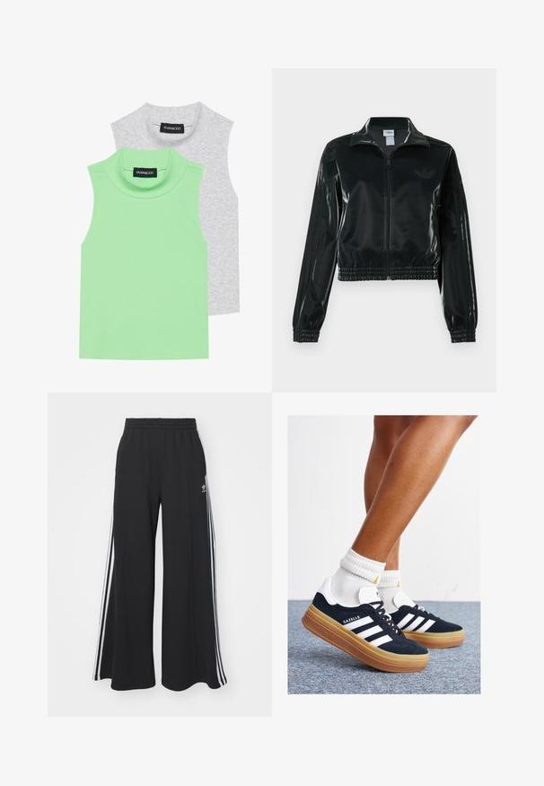 Casaco curto preto brilhante com fecho de correr frontal, gola alta e bainha elástica. Apresenta três riscas nas mangas e um pequeno logotipo no peito.; Dois tops sem mangas com gola alta: um em tecido canelado verde claro e outro em cinza, apresentando um corte reto e uma textura suave e macia.; Calças de suor largas e pretas com uma cintura elástica, apresentando riscas brancas nas laterais e um logótipo bordado na coxa esquerda.; Ténis de camurça preta com riscas e detalhes brancos, biqueira arredondada, sola em borracha cor de goma, combinados com meias brancas caneladas até à altura do tornozelo.