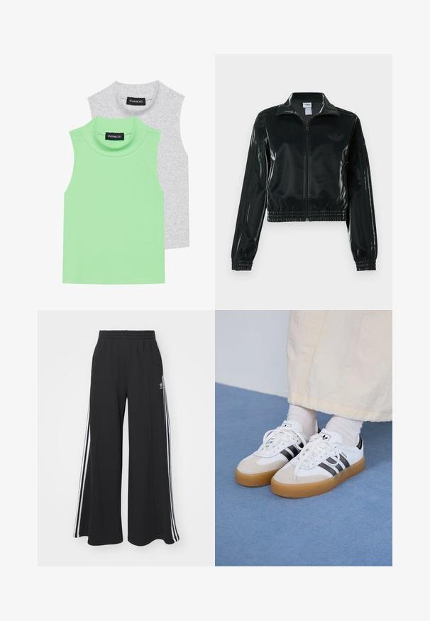 Chaqueta corta negra brillante con cremallera en el frente, cuello alto y dobladillo elástico. Presenta tres rayas en las mangas y un pequeño logo en el pecho.; Dos camisetas sin mangas de cuello alto: una en tela acanalada verde claro y otra en gris, con un corte recto y una textura suave y lisa.; Pantalones de chándal negros de pierna ancha con una cinturilla elástica, que presentan franjas blancas a los lados y un logo bordado en el muslo izquierdo.; Zapatillas blancas con rayas negras y acentos de ante beige. Cuentan con una suela de goma texturizada y cordones blancos planos, usadas con calcetines de color claro.