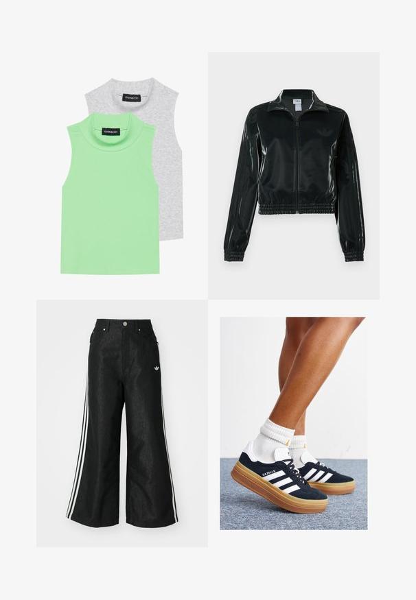Schwarze glänzende, kurz geschnittene Jacke mit Reißverschluss vorne, hohem Kragen und elastischem Saum. Verfügt über drei Streifen an den Ärmeln und ein kleines Logo auf der Brust.; Zwei ärmellose Rollkragen-Pullover: einer aus hellgrünem, geripptem Stoff und einer aus grau, mit geradem Schnitt und einer weichen, glatten Textur.; Schwarze, weit geschnittene Jeans mit drei weißen Streifen an jeder Seite und einem kleinen weißen Logo. Mit vorderen Taschen und einem Knopfverschluss.; Schwarze Wildledersneaker mit weißen Streifen und Akzenten, rundlicher Zehenbereich, Sohlen aus braunem Gummi, kombiniert mit weißen, gerippten Sneakersocken.