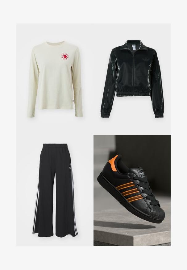 Black glossy cropped jacket with a zip front, high collar, and elasticized hem. Features three stripes on sleeves and a small logo on the chest.; Long-sleeve light beige T-shirt made of cotton, featuring a round neck and a red circular logo on the chest with text and a graphic.; Black wide-leg sweatpants with an elastic waistband, featuring white side stripes and an embroidered logo on the left thigh.; Black sneaker with orange accents, three horizontal stripes, textured leather upper, rubber toe cap, and black laces.