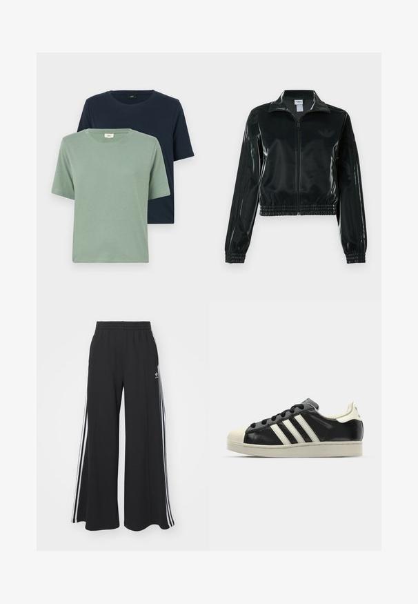 Črno, sijočo kratko jakno z zadrgo spredaj, visokim ovratnikom in elastičnim spodnjim robom. Na rokavih so tri črte, na prsih pa majhen logotip.; Dve kratke majice s kratkimi rokavi v zeleni in mornarsko modri barvi, narejene iz mehkega bombaža. Okrogli izrez z gladko teksturo in minimalnimi šivi.; Črne široke trenirke z elastičnim pasom, ki imajo bele stranske proge in vezeno logo na levi stegna.; Črne usnjene superge z belimi črtami, gumijastim pokrovom za prste, črnimi vezalkami in kremasto obrobo podplata. Gladka tekstura z sijočim zaključkom.