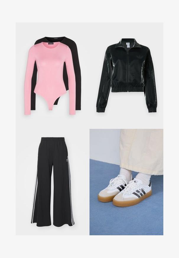 Čierna lesklá skrátená bunda so zipsom vpredu, vysokým golierom a elastickým lemom. Rukávy zdobia tri pruhy a na hrudi je malý logo.; Dlhé rukávy body v ružovej a čiernej farbe. Mäkko, elastické tkaniny s okrúhlymi výstrihmi a priliehavým strihom, s thong strihom na spodnej časti.; Čierne široké teplákové nohavice s elastickým pásom, so bielymi bočnými prúžkami a výšivkou loga na ľavom stehne.; Biele tenisky s čiernymi pruhmi a béžovými semišovými detailmi. Majú textúrovanú gumovú podrážku a ploché biele šnúrky, kombinované s svetlými ponožkami.