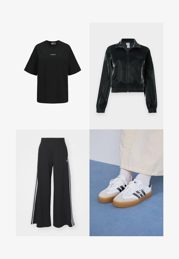 Casaco curto preto brilhante com fecho de correr frontal, gola alta e bainha elástica. Apresenta três riscas nas mangas e um pequeno logotipo no peito.; T-shirt preto de algodão com um corte solto, decote redondo, mangas curtas e um logo branco "JJXX STUDIO" no peito.; Calças de suor largas e pretas com uma cintura elástica, apresentando riscas brancas nas laterais e um logótipo bordado na coxa esquerda.; Ténis brancos com riscas pretas e detalhes em camurça bege. Apresentam uma sola de borracha texturizada e atacadores brancos lisos, usados com meias de tom claro.