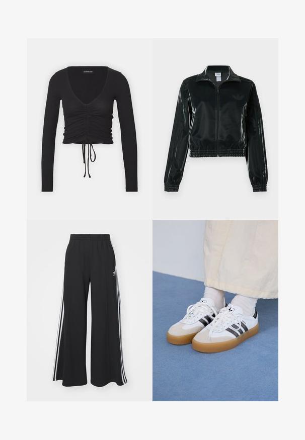 Svart glansig kort jacka med dragkedja framtill, hög krage och elastisk nederkant. Har tre ränder på ärmarna och en liten logga på bröstet.; Svart ribbad långa ärmar crop top med djup V-ringning, rynkad detalj fram och justerbar knytning i fållen.; Svarta vida sweatpants med elastisk midje, med vita sidosträck och en broderad logotyp på vänster lår.; Vita sneakers med svarta ränder och beige mockadetaljer. Har en texturerad gummisul och platta vita skosnören, bärs med ljusa strumpor.
