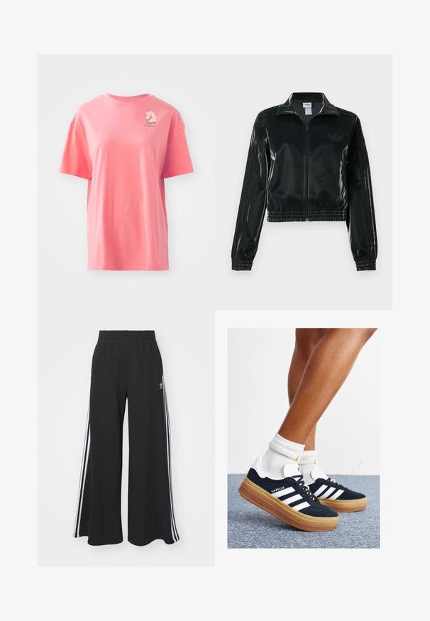Black glossy cropped jacket with a zip front, high collar, and elasticized hem. Features three stripes on sleeves and a small logo on the chest.; Short-sleeve, coral pink t-shirt made of cotton with a round neckline. Features a small white logo on the upper left chest area.; Black wide-leg sweatpants with an elastic waistband, featuring white side stripes and an embroidered logo on the left thigh.; Black suede sneakers with white stripes and accents, rounded toe, gum rubber outsole, paired with white ribbed crew socks.
