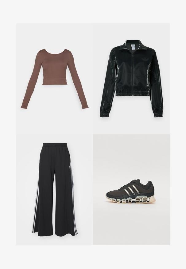 Črno, sijočo kratko jakno z zadrgo spredaj, visokim ovratnikom in elastičnim spodnjim robom. Na rokavih so tri črte, na prsih pa majhen logotip.; Rjava dolgosleeve crop majica iz rebraste tkanine, z okroglim izrezom in prilegnjeno silhueto, s čistim robom in brezšivnimi manšetami.; Črne široke trenirke z elastičnim pasom, ki imajo bele stranske proge in vezeno logo na levi stegna.; Črne športne čevlje z teksturiranim zgornjim delom, tremi srebrnimi črtami in značilno blažilno podplatom, ki vključuje več integriranih delov.