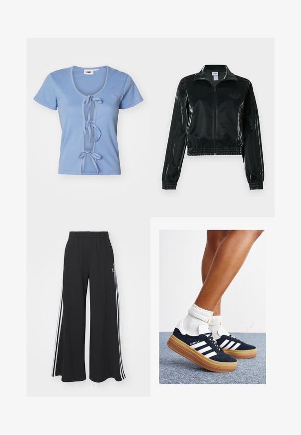 Czarna błyszcząca krótka kurtka na zamek błyskawiczny z przodu, z wysokim kołnierzem i elastycznym wykończeniem na dole. Na rękawach znajdują się trzy paski, a na piersi małe logo.; Jasnoniebieska prążkowana koszulka z krótkim rękawem, z głębokim dekoltem w kształcie litery V i sznurkiem z przodu do regulacji. Nazwa marki jest wyhaftowana na piersi.; Czarne szerokie spodnie dresowe z elastycznym pasem, z białymi paskami po bokach i haftowanym logo na lewej udzie.; Czarne zamszowe trampki z białymi paskami i akcentami, zaokrąglonym noskiem, gumową podeszwą w kolorze jasno-brązowym, zestawione z białymi żebrowanymi skarpetkami do kostki.