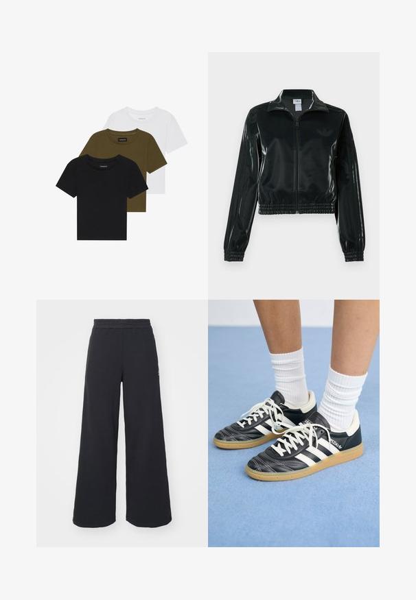 Black glossy cropped jacket with a zip front, high collar, and elasticized hem. Features three stripes on sleeves and a small logo on the chest.; Three crew-neck t-shirts in black, olive green, and white. Short sleeves, ribbed necklines, and a fitted design.; Black wide-leg sweatpants made from soft fabric, featuring an elastic waistband and a small logo on the left side.; Black leather sneakers with white stripes, round toe, white laces, and gum rubber sole. Accentuated by padded collar and branding details.