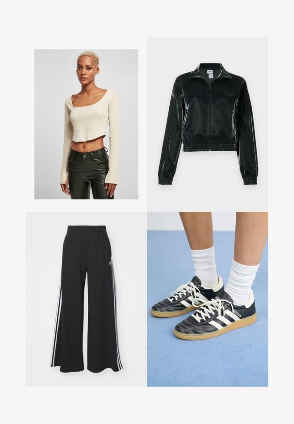 Melna spīdīga īsā jaka ar rāvējslēdzēja priekšpusi, augstu apkakli un elastīgu apakšu. Piedevas ir trīs svītras uz piedurknēm un neliels logotips uz krūtīm.; Beige ribota auduma garās piedurknes topiņš ar kvadrātveida dekoltē un pieguļošu dizainu. Saskaņots ar melnām ādas biksēm.; Melnas plašas sporta bikses ar elastīgu jostasvietu, kurām ir baltas sānu svītras un izšūts logo kreisajā augšstilbā.; Melnas ādas sporta apavus ar baltām svītrām, apaļu purngalu, baltām auklām un gumijas zoli. Izceļas ar mīksto apkakli un zīmola detaļām.