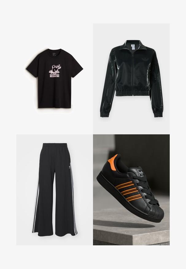 Svart glansig kort jacka med dragkedja framtill, hög krage och elastisk nederkant. Har tre ränder på ärmarna och en liten logga på bröstet.; Vans DOWN THE RABBIT HOLE - T-shirt med print - black; Svarta vida sweatpants med elastisk midje, med vita sidosträck och en broderad logotyp på vänster lår.; Svart sneakers med orange detaljer, tre horisontella ränder, texturerad läderöverdel, gummitåhuvud och svarta snören.