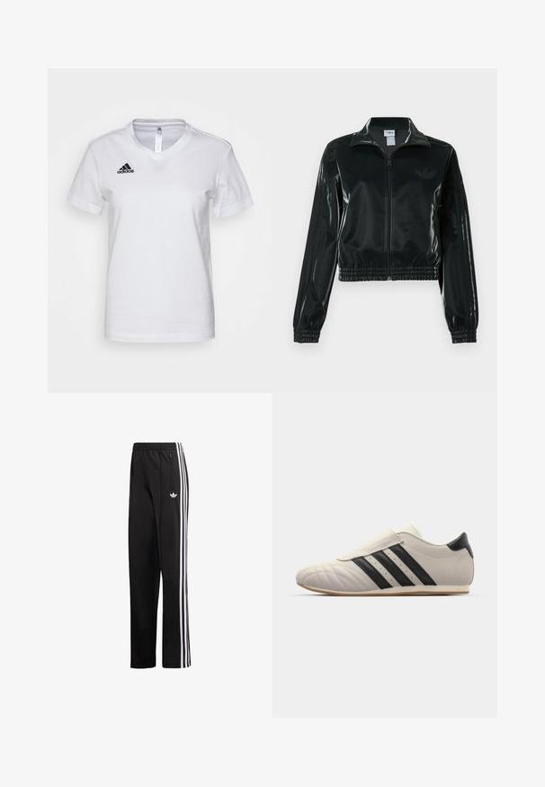 Must läikiv lühike jakk lukuga esiküljel, kõrge krae ja elastse äärega. Varrukatel on kolm triipu ja rinnal väike logo.; Valge puuvillane T-särk V-kaeluse disainiga, lühikeste varrukatega ja must Adidas logo vasakul rinnaalal. Sile tekstuur, klassikaline istuvus.; Mustad spordipüksid siledast kangast, mille külgedel on valged vertikaalsed triibud ja vasakul puusal väike logo.; Heled hallid tenniseketid mustade triipudega, ümmarguse varbaga, sileda nahkpealsega, klõpsuga rihmaga ja kummist tallaga.