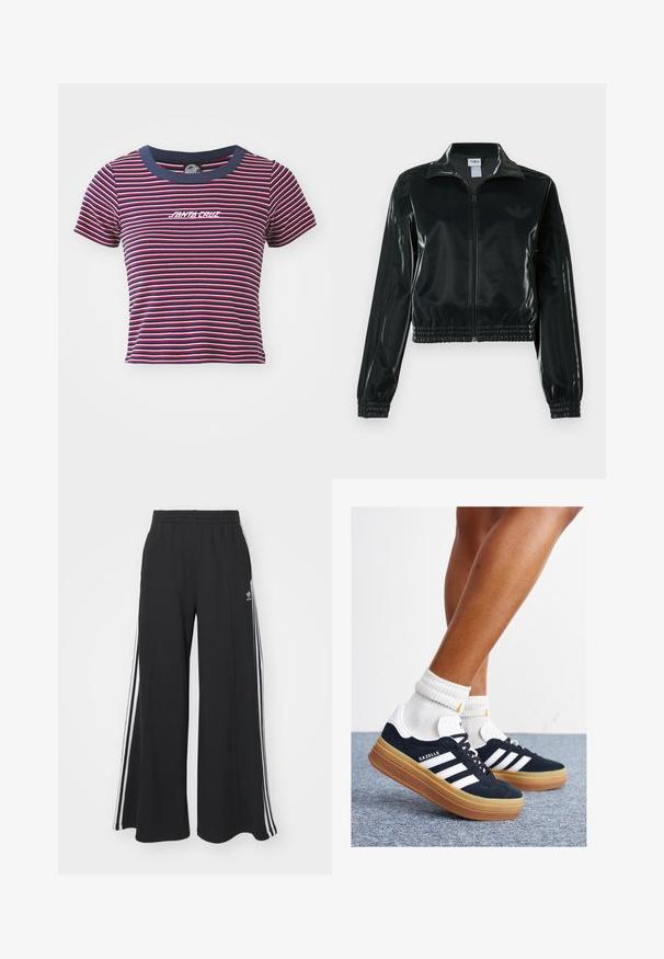 Sort blank cropped jakke med glidelås foran, høy krage og elastisk nederkant. Har tre striper på ermene og en liten logo på brystet.; Stripete kortermet t-skjorte i marineblå, rød og rosa. Har en ensfarget marineblå halslinning og brodert "SANTA CRUZ"-logo på forsiden.; Svart vide joggebukser med elastisk midjebånd, med hvite sidestriper og brodert logo på venstre lår.; Svarte sneakers i semsket skinn med hvite striper og detaljer, rund tå, yttersåle i gummigummi, kombinert med hvite ribbestrikkede crew-sokker.