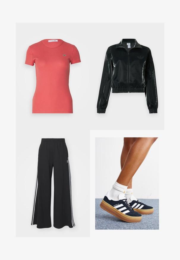 Casaco curto preto brilhante com fecho de correr frontal, gola alta e bainha elástica. Apresenta três riscas nas mangas e um pequeno logotipo no peito.; T-shirt cor-de-rosa de manga curta, com um design ajustado e detalhe em malha, apresentando um pequeno logótipo verde da Lacoste no peito. Feita de material elástico.; Calças de suor largas e pretas com uma cintura elástica, apresentando riscas brancas nas laterais e um logótipo bordado na coxa esquerda.; Ténis de camurça preta com riscas e detalhes brancos, biqueira arredondada, sola em borracha cor de goma, combinados com meias brancas caneladas até à altura do tornozelo.