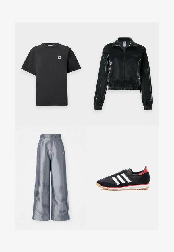 Giacca nera lucida corta con zip frontale, colletto alto e orlo elasticizzato. Presenta tre strisce sulle maniche e un piccolo logo sul petto.; T-shirt in cotone nero con scollo girocollo, maniche corte e un'etichetta logo rettangolare sul lato sinistro del petto.; Pantaloni a gamba larga in materiale grigio lucido, con strisce laterali bianche e un motivo a fiamma sulla parte inferiore delle gambe. Chiusura con bottone e zip in vita.; Scarpa sportiva nera con strisce bianche, dettagli in suede e tallone rosso. Texture in mesh e suola in gomma con battistrada marrone chiaro.