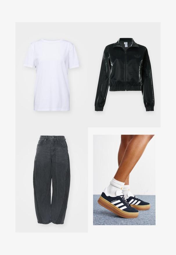 Black glossy cropped jacket with a zip front, high collar, and elasticized hem. Features three stripes on sleeves and a small logo on the chest.; White cotton t-shirt with a crew neckline, short sleeves, and a relaxed fit. Smooth texture and no visible patterns or embellishments.; Baggy black denim jeans with a faded finish, five pockets, a waist button closure, and stitched detailing on the front and sides.; Black suede sneakers with white stripes and accents, rounded toe, gum rubber outsole, paired with white ribbed crew socks.