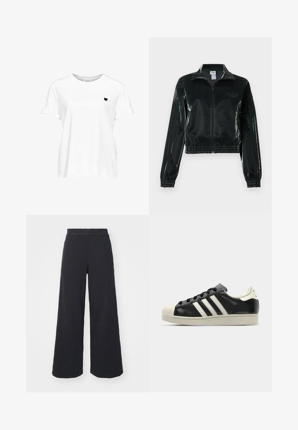Czarna błyszcząca krótka kurtka na zamek błyskawiczny z przodu, z wysokim kołnierzem i elastycznym wykończeniem na dole. Na rękawach znajdują się trzy paski, a na piersi małe logo.; Biała bawełniana koszulka z krótkimi, podwiniętymi rękawami, z małym czarnym serduszkiem na lewej piersi. Klasyczny okrągły dekolt.; Czarne szerokie spodnie dresowe wykonane z miękkiego materiału, z elastycznym paskiem w talii oraz małym logo po lewej stronie.; Czarne skórzane trampki z białymi paskami, gumowym czubkiem, czarnymi sznurówkami i kremową podeszwą. Gładka faktura z połyskującym wykończeniem.
