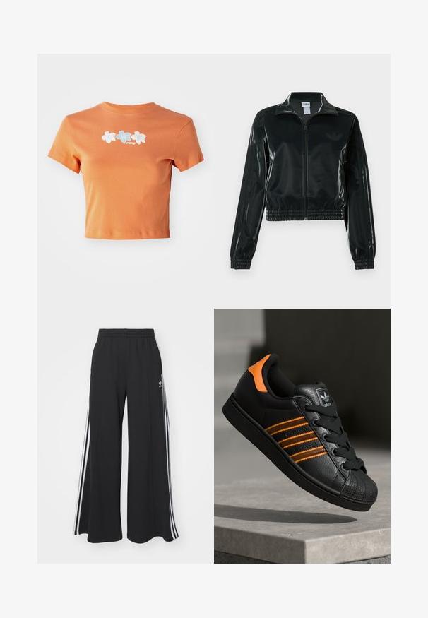 Black glossy cropped jacket with a zip front, high collar, and elasticized hem. Features three stripes on sleeves and a small logo on the chest.; Cropped orange t-shirt made of cotton with short sleeves, featuring white and light blue embroidered flowers across the front.; Black wide-leg sweatpants with an elastic waistband, featuring white side stripes and an embroidered logo on the left thigh.; Black sneaker with orange accents, three horizontal stripes, textured leather upper, rubber toe cap, and black laces.