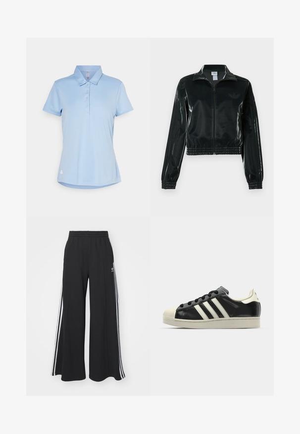 Casaco curto preto brilhante com fecho de correr frontal, gola alta e bainha elástica. Apresenta três riscas nas mangas e um pequeno logotipo no peito.; Camisa polo azul clara com colarinho, mangas curtas, frente com cinco botões e um pequeno logotipo branco no lado esquerdo. Tecido suave e elástico.; Calças de suor largas e pretas com uma cintura elástica, apresentando riscas brancas nas laterais e um logótipo bordado na coxa esquerda.; Sapatilha de couro preto com riscas brancas, biqueira de borracha, atacadores pretos e sola na cor creme. Textura suave com acabamento brilhante.