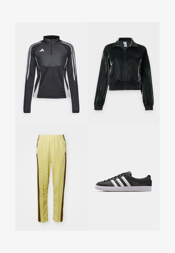 Črno, sijočo kratko jakno z zadrgo spredaj, visokim ovratnikom in elastičnim spodnjim robom. Na rokavih so tri črte, na prsih pa majhen logotip.; Črn športni zgornji del s četrtinskim zadrgo in dolgimi rokavi z sivo obrobo in tremi črtami na vsakem roki, ki se ponaša s športnim dizajnom in strukturiranimi šivi.; Rumene športne hlače z gladkim materialom, z rjavimi stranskimi črtami, elastičnim pasom in dvema stranskima žepoma.; Črne usnjene športe z belim trakom s tremi črtami, zaobljenim nosom, ravnim belim gumijastim podplatom in blagovno znamko na strani.