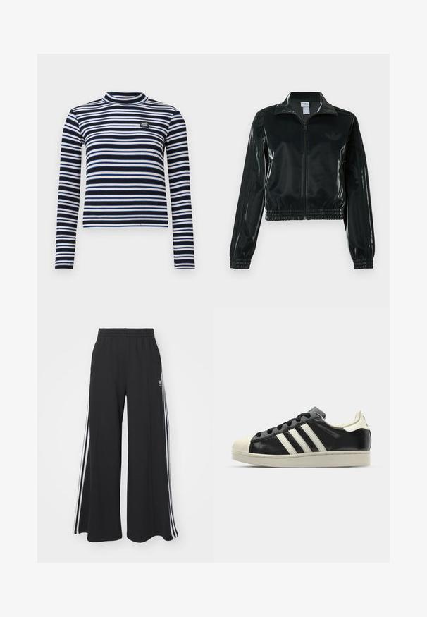 Must läikiv lühike jakk lukuga esiküljel, kõrge krae ja elastse äärega. Varrukatel on kolm triipu ja rinnal väike logo.; Mustvalge triibuline pikkade varrukatega särk kõrge kaelusega, ribakujuline tekstuur, siniste ja beežide aktsentidega ning väike logo rinnal.; Mustad laiad trenni püksid elastse vöökohtaga, millel on valged küljeribad ja tikitud logo vasakul reiel.; Must have nahkased mustad tossud valgete triipudega, kummist varbakattega, mustade paeltega ja kreemika värvusega tallaga. Sile tekstuur ja läikiv viimistlus.