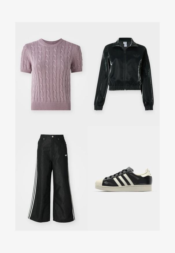 Veste courte noire brillante avec fermeture éclair à l'avant, col montant et ourlet élastiqué. Dotée de trois bandes sur les manches et d'un petit logo sur la poitrine.; Pull en tricot torsadé à manches courtes de couleur violet clair. Il présente un col et un ourlet côtelés, avec un motif texturé sur l'ensemble du corps.; Pantalon en denim large noir avec trois accents de rayures blanches de chaque côté et un petit logo blanc. Dispose de poches avant et d'une fermeture à bouton.; Baskets en cuir noir avec des rayures blanches, embout en caoutchouc, lacets noirs et semelle extérieure crème. Texture lisse avec une finition brillante.