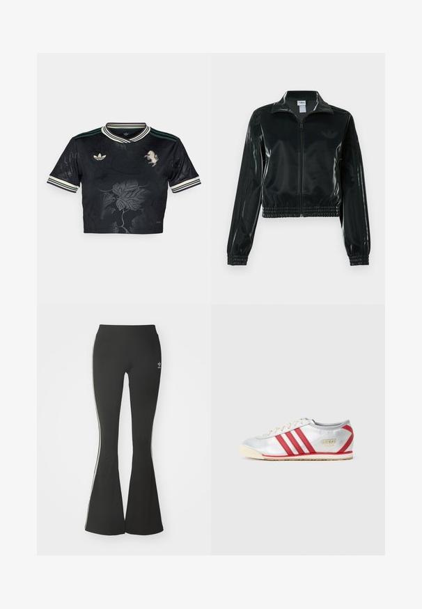 Veste courte noire brillante avec fermeture éclair à l'avant, col montant et ourlet élastiqué. Dotée de trois bandes sur les manches et d'un petit logo sur la poitrine.; T-shirt noir court en jersey avec un design floral en relief, trois rayures sur les manches, logo brodé et col contrasté vert et blanc.; Leggings évasés noirs en tissu extensible, dotés d'une taille haute et de rayures blanches sur les côtés. Comprend un petit logo à la taille.; Baskets Adidas avec une tige synthétique argentée, trois rayures rouges, semelle beige et un logo doré sur le côté, présentant un design à profil bas.