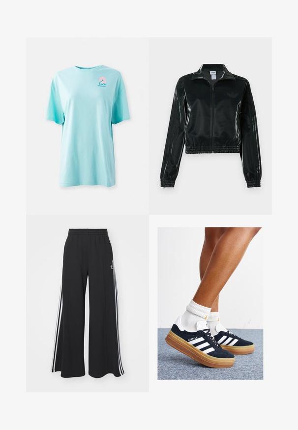 Casaco curto preto brilhante com fecho de correr frontal, gola alta e bainha elástica. Apresenta três riscas nas mangas e um pequeno logotipo no peito.; T-shirt de algodão azul claro, de mangas curtas, com decote arredondado. Apresenta uma flor rosa e um logótipo impressos no canto superior esquerdo do peito. Textura suave.; Calças de suor largas e pretas com uma cintura elástica, apresentando riscas brancas nas laterais e um logótipo bordado na coxa esquerda.; Ténis de camurça preta com riscas e detalhes brancos, biqueira arredondada, sola em borracha cor de goma, combinados com meias brancas caneladas até à altura do tornozelo.