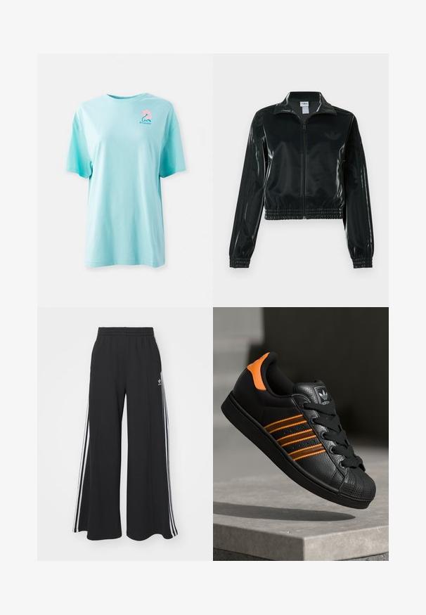 Black glossy cropped jacket with a zip front, high collar, and elasticized hem. Features three stripes on sleeves and a small logo on the chest.; Light blue cotton T-shirt, short sleeves, crew neck. Features a pink flower and logo printed on the upper left chest. Soft texture.; Black wide-leg sweatpants with an elastic waistband, featuring white side stripes and an embroidered logo on the left thigh.; Black sneaker with orange accents, three horizontal stripes, textured leather upper, rubber toe cap, and black laces.