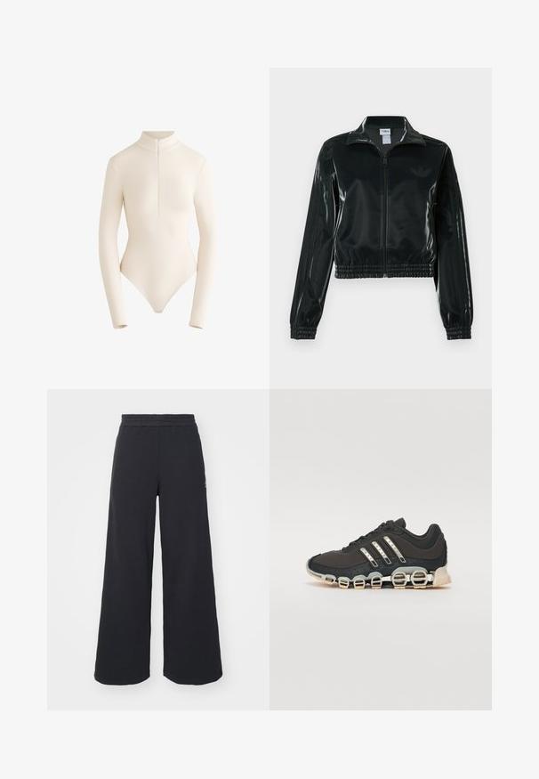 Svart glansig kort jacka med dragkedja framtill, hög krage och elastisk nederkant. Har tre ränder på ärmarna och en liten logga på bröstet.; Långärmad bodysuit i ljusbeige tyg med hög krage och dragkedja fram, med en slät, figurnära design och djup rygg.; Svarta vida sweatpants tillverkade av mjukt tyg, med ett elastiskt midjeband och en liten logotyp på vänster sida.; Svart sportskor med en texturerad överdel, tre silverränder och en distinkt stötdämpande sula med flera integrerade sektioner.