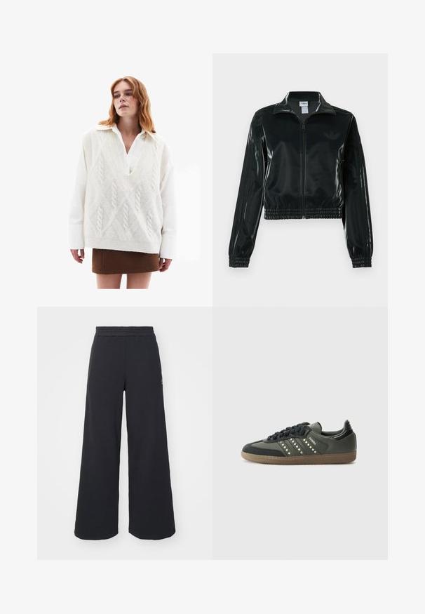 Schwarze glänzende, kurz geschnittene Jacke mit Reißverschluss vorne, hohem Kragen und elastischem Saum. Verfügt über drei Streifen an den Ärmeln und ein kleines Logo auf der Brust.; Übergroßer weißer Strickpullover mit Zopfmuster, über einem weißen Hemd getragen, kombiniert mit einem braunen Minirock und schwarzen, kniehohen Stiefeln mit Absatz.; Schwarze weite Sweatpants aus weichem Material, mit einem elastischen Taillenbund und einem kleinen Logo auf der linken Seite.; adidas Originals SAMBA OG - Sneaker low - core black/legend earth/gum
