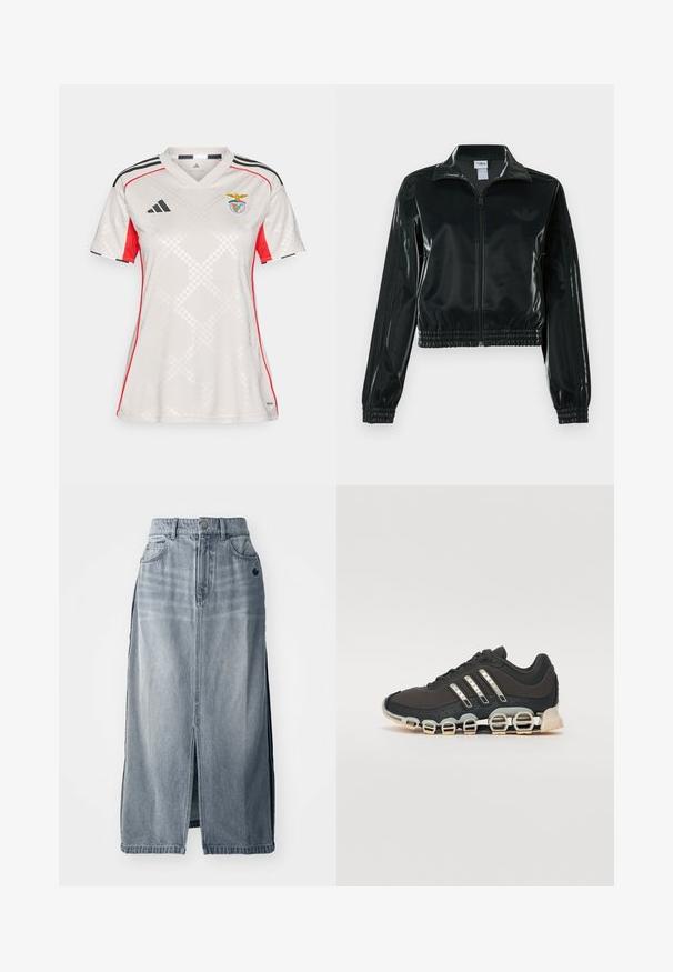 Sort blank cropped jakke med glidelås foran, høy krage og elastisk nederkant. Har tre striper på ermene og en liten logo på brystet.; Hvit Adidas-drakt med røde detaljer og svarte striper. Har en V-hals, teksturert diamantmønster, og Benfica-emblemet på brystet.; Jeanskjørt i lyseblått med en frontspalte, to lommer og detaljert logo. Har høy midje og rett design, laget av slitesterk stoff.; Svarte sportsko med en strukturert overflate, tre sølvstriper, og en distinkt støtdempende såle med flere integrerte seksjoner.
