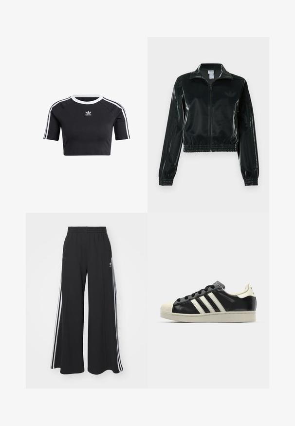 Melna spīdīga īsā jaka ar rāvējslēdzēja priekšpusi, augstu apkakli un elastīgu apakšu. Piedevas ir trīs svītras uz piedurknēm un neliels logotips uz krūtīm.; Melna īsā krekla tvertnes veidā, kas izgatavota no kokvilnas, ar ribotām baltām apkaklēm, īsām raglāna piedurknēm un baltām sānu svītrām ar mazu logotipu.; Melnas plašas sporta bikses ar elastīgu jostasvietu, kurām ir baltas sānu svītras un izšūts logo kreisajā augšstilbā.; Melna ādas sporta apava ar baltām svītrām, gumijas purngala aizsardzību, melnām auklām un krēma krāsas zoli. Gluda tekstūra ar spīdīgu apdari.