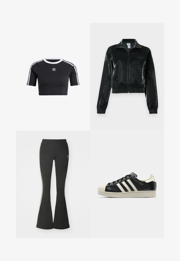Sort blank cropped jakke med glidelås foran, høy krage og elastisk nederkant. Har tre striper på ermene og en liten logo på brystet.; Svart kort t-skjorte laget av bomull, med ribbet hvit rund hals, korte raglanermer og hvite sidestriper med en liten logo.; Svarte flare leggings laget av stretchstoff, med høy midje og hvite sidelister. Inkluderer liten logo på midjen.; Svarte skinnsneakers med hvite striper, gummitopp, svarte lisser og en kremfarget såle. Glatt tekstur med blank finish.