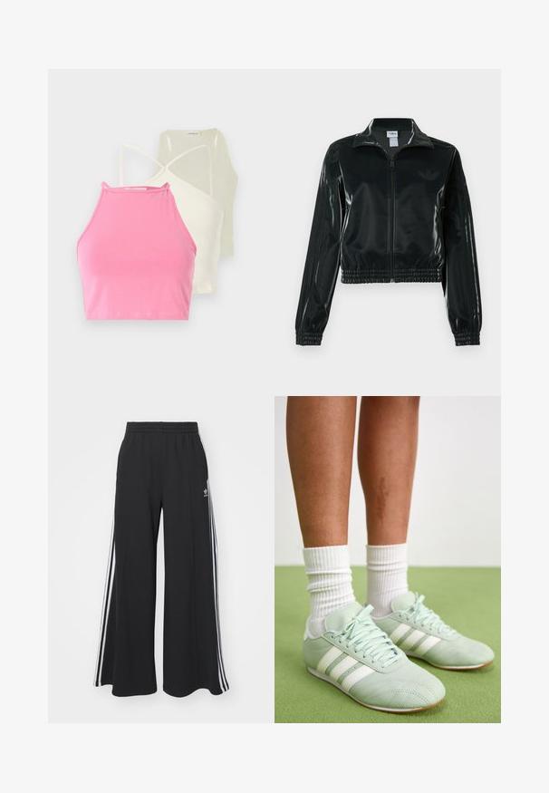 Casaco curto preto brilhante com fecho de correr frontal, gola alta e bainha elástica. Apresenta três riscas nas mangas e um pequeno logotipo no peito.; Três tops cropped com decote halter em rosa, creme e amarelo suave. Todos apresentam um design justo com alças finas e textura suave de algodão.; Calças de suor largas e pretas com uma cintura elástica, apresentando riscas brancas nas laterais e um logótipo bordado na coxa esquerda.; Ténis de desporto verde menta com riscas brancas, textura de pele suave, bico arredondado e sola em borracha, combinados com meias brancas caneladas.