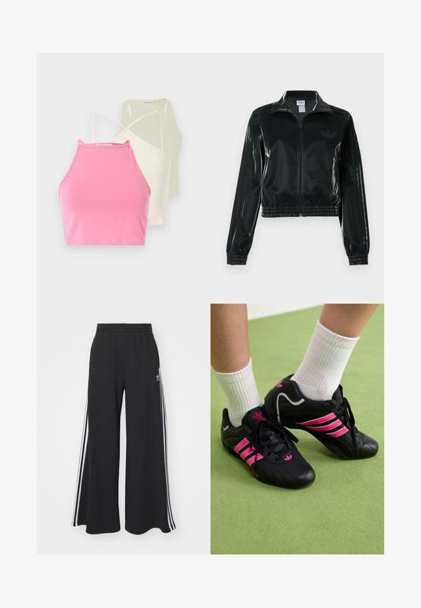 Črno, sijočo kratko jakno z zadrgo spredaj, visokim ovratnikom in elastičnim spodnjim robom. Na rokavih so tri črte, na prsih pa majhen logotip.; Trii vrhovi kratkih topov z ovratnikom v roza, kremni in mehko rumeni barvi. Vsi imajo prilegajoč dizajn z tankimi naramnicami in gladko bombažno teksturo.; Črne široke trenirke z elastičnim pasom, ki imajo bele stranske proge in vezeno logo na levi stegna.; Črne atletske čevlje s tremi rožnatimi črkami, zgornji del iz teksturirane usnje, črne vezalke in podrobnost z logotipom, v kombinaciji z belimi rebrastimi nogavicami na zeleni površini.