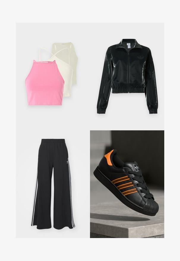 Jachetă neagră lucioasă, scurtă, cu fermoar frontal, guler înalt și tiv elastic. Are trei dungi pe mâneci și un mic logo pe piept.; Trei crop tops cu gât halter în roz, crem și galben deschis. Toate au un design ajustat, cu bretele subțiri și textură netedă din bumbac.; Pantaloni de trening negri cu croială largă, prevăzuți cu un brâu elastic, având dungi laterale albe și un logo brodat pe coapsa stângă.; Adidași negri cu accente portocalii, trei dungi orizontale, parte superioară din piele texturată, capac de cauciuc pentru vârf și șireturi negre.