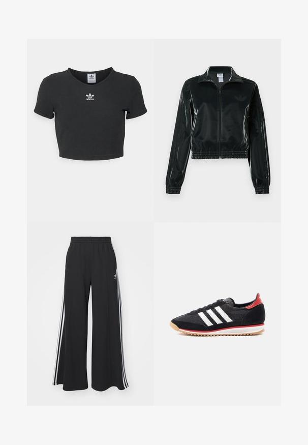 Must läikiv lühike jakk lukuga esiküljel, kõrge krae ja elastse äärega. Varrukatel on kolm triipu ja rinnal väike logo.; Must tänavakujundus, millel on ümara kaeluse ja lühikeste varrukatega must lühike t-särk, mis on valmistatud puuvillast. Keskel on valge Adidas logo tikand.; Mustad laiad trenni püksid elastse vöökohtaga, millel on valged küljeribad ja tikitud logo vasakul reiel.; Mustad spordijalats valgete triipude, seemisnahast detailide ja punase kannaga. Võrgutekstuuriga ja kummist tallaosaga, millel on helepruun muster.