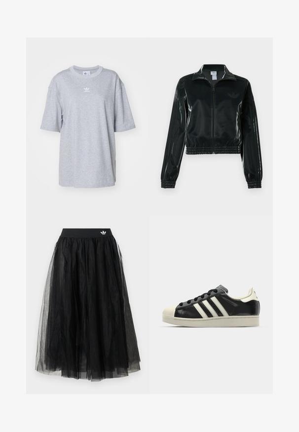 Crna sjajna kratka jakna s patentnim zatvaračem sprijeda, visokim ovratnikom i porubom s elastikom. Na rukavima ima tri pruge i mali logo na prsima.; Siva pamučna majica s kratkim rukavima, prevelikog kroja, s rebrastim okovratnikom i bijelim Adidas logom otisnutim na prsima.; Crna suknja od tila s širokim elastičnim pojasom na kojem je bijeli logo. Suknja ima slojeviti dizajn koji stvara voluminozan oblik.; Crni kožni tenisice s bijelim prugama, gumeni zaštitni vrh, crne vezice i bijela potplata boje krem. Glatka tekstura s sjajnim završetkom.