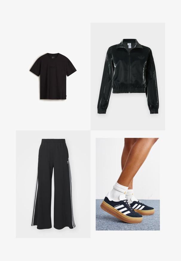 Black glossy cropped jacket with a zip front, high collar, and elasticized hem. Features three stripes on sleeves and a small logo on the chest.; Black short-sleeve t-shirt made of cotton with an embossed "vans." logo on the front and a standard crew neck design.; Black wide-leg sweatpants with an elastic waistband, featuring white side stripes and an embroidered logo on the left thigh.; Black suede sneakers with white stripes and accents, rounded toe, gum rubber outsole, paired with white ribbed crew socks.