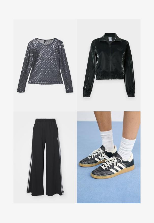 Sort, glinsende cropped jakke med lynlås foran, høj krave og elastisk kant. Har tre striber på ærmerne og et lille logo på brystet.; Langærmet top i mørkegrå stof, dækket af diamanter-præget palietter, med rund halsudskæring og let, reflekterende tekstur.; Sorte brede sweatpants med elastisk talje, med hvide sidelommer og et broderet logo på venstre lår.; Sorte lædersneakers med hvide striber, rund tå, hvide snørebånd og gummisål. Fremhævet af polstret krave og brandingdetaljer.