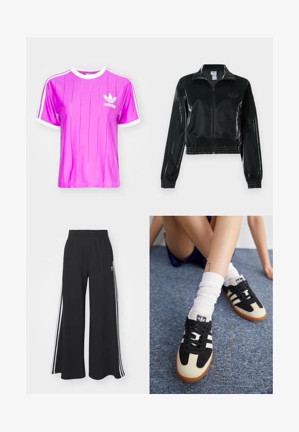 Chaqueta corta negra brillante con cremallera en el frente, cuello alto y dobladillo elástico. Presenta tres rayas en las mangas y un pequeño logo en el pecho.; adidas Originals 3 S TEE - Camiseta estampada - purple burst; Pantalones de chándal negros de pierna ancha con una cinturilla elástica, que presentan franjas blancas a los lados y un logo bordado en el muslo izquierdo.; Zapatillas deportivas en blanco y negro con parte superior de ante y cuero, que presentan tres rayas blancas y una suela de goma. Par usado con calcetines blancos.