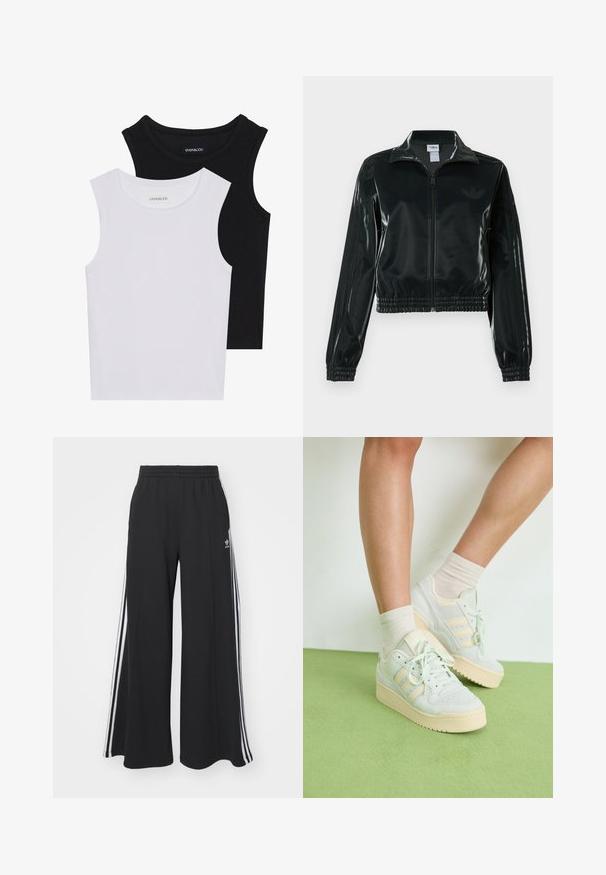 Musta kiiltävä lyhyt takki vetoketjulla, korkealla kauluksella ja joustavalla helmalla. Hihoissa on kolme raitaa ja rinnassa pieni logo.; Kaksi hihattomaa toppia mustana ja valkoisena, valmistettu ribbikankaasta, jossa on pyöreät kaula-aukot ja tiukka muotoilu. Tunnisteet näkyvät molemmissa.; Mustat löysät verkkarit, joissa on joustava vyötärö, valkoiset sivuraidat ja brodeerattu logo vasemmassa reidessä.; Vaaleanvihreät tennarit, joissa on tekstuuripinta, kolme valkoista raitaa, vaalea kumipohja ja nauhakiinnitys. Yhdistetty vaaleisiin sukkiin.