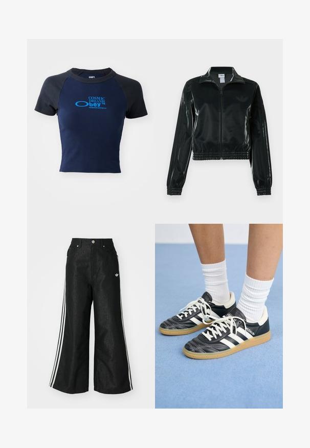Melna spīdīga īsā jaka ar rāvējslēdzēja priekšpusi, augstu apkakli un elastīgu apakšu. Piedevas ir trīs svītras uz piedurknēm un neliels logotips uz krūtīm.; Obey Clothing COSMIC DREAMS - Apdrukāts T-krekls - black iris; Melni platās kājas džinsi ar trim baltām svītrām katrā pusē un mazu baltu logotipu. Iezīmē priekšējos kabatas un pogu aizdari.; Melnas ādas sporta apavus ar baltām svītrām, apaļu purngalu, baltām auklām un gumijas zoli. Izceļas ar mīksto apkakli un zīmola detaļām.