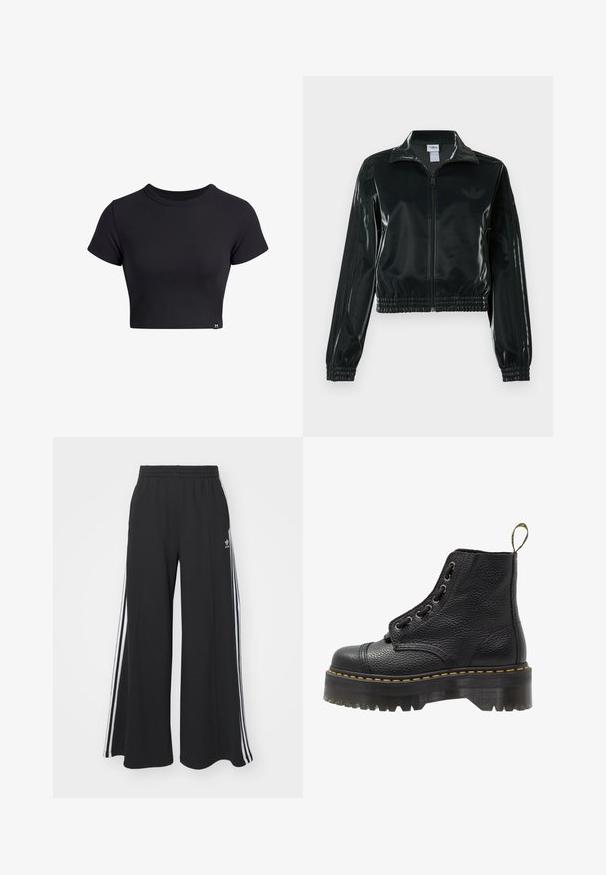 Sort, glinsende cropped jakke med lynlås foran, høj krave og elastisk kant. Har tre striber på ærmerne og et lille logo på brystet.; Sort ribbet kortærmet crop top med rund halsudskæring. Har en tætsiddende pasform og et lille logo mærke i nederste venstre hjørne.; Sorte brede sweatpants med elastisk talje, med hvide sidelommer og et broderet logo på venstre lår.; Sorte læder ankelstøvler med tekstureret overflade, rund tå, snørebåndsdesign, gule stikninger og en tyk, rillet sort platformsål.