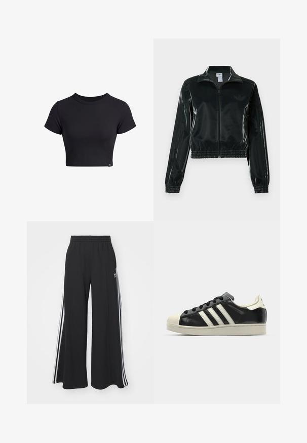 Musta kiiltävä lyhyt takki vetoketjulla, korkealla kauluksella ja joustavalla helmalla. Hihoissa on kolme raitaa ja rinnassa pieni logo.; Mustapohjainen, lyhythihainen crop-top, jossa on pyöreä kaula-aukko. Ominaisuuksina tiukka muotoilu ja pieni logo-tagi vasemmassa alareunassa.; Mustat löysät verkkarit, joissa on joustava vyötärö, valkoiset sivuraidat ja brodeerattu logo vasemmassa reidessä.; Musta nahkasneakeri, jossa on valkoiset raidat, kuminen varvassuoja, mustat nauhat ja kermaisa ulkopohja. Suora pinta ja kiiltävä viimeistely.