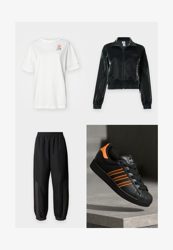 Black glossy cropped jacket with a zip front, high collar, and elasticized hem. Features three stripes on sleeves and a small logo on the chest.; White short-sleeve t-shirt made of cotton, featuring a pink floral design and a small black logo on the left chest area.; Black athletic pants made of smooth, lightweight fabric. Features elastic waistband, fitted cuffs, and dark gray side panels with logo.; Black sneaker with orange accents, three horizontal stripes, textured leather upper, rubber toe cap, and black laces.