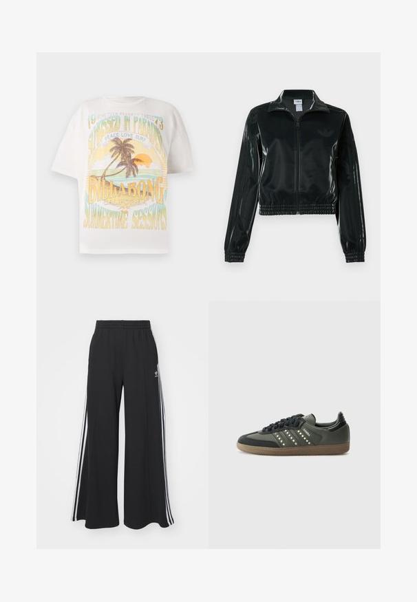 Black glossy cropped jacket with a zip front, high collar, and elasticized hem. Features three stripes on sleeves and a small logo on the chest.; White cotton T-shirt featuring a colorful graphic print with palm trees, sun, and text: "SUNKISSED IN PARADISE," "BILLABONG," and "SUMMERTIME SESSIONS."; Black wide-leg sweatpants with an elastic waistband, featuring white side stripes and an embroidered logo on the left thigh.; adidas Originals SAMBA OG - Trainers - core black/legend earth/gum
