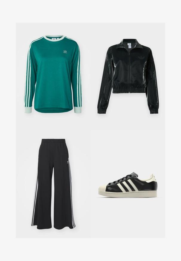 Fekete, fényes rövidített dzseki cipzárral az elején, magas gallérral és elasztikus szegéllyel. Három csík díszíti az ujjakat, és kis logó található a mellrészen.; Zöld, hosszú ujjú pamut póló, fehér háromcsíkos dizájnú akcentusokkal a ujjakon és egy kis adidas logóval a mellrészen.; Fekete, bő szárú melegítőnadrág, rugalmas derékkal, fehér oldalsávokkal és hímzett logóval a bal combon.; Fekete bőrsneaker fehér csíkokkal, gumírozott orral, fekete fűzővel és krém színű talppal. Simaság és fényes felület jellemzi.